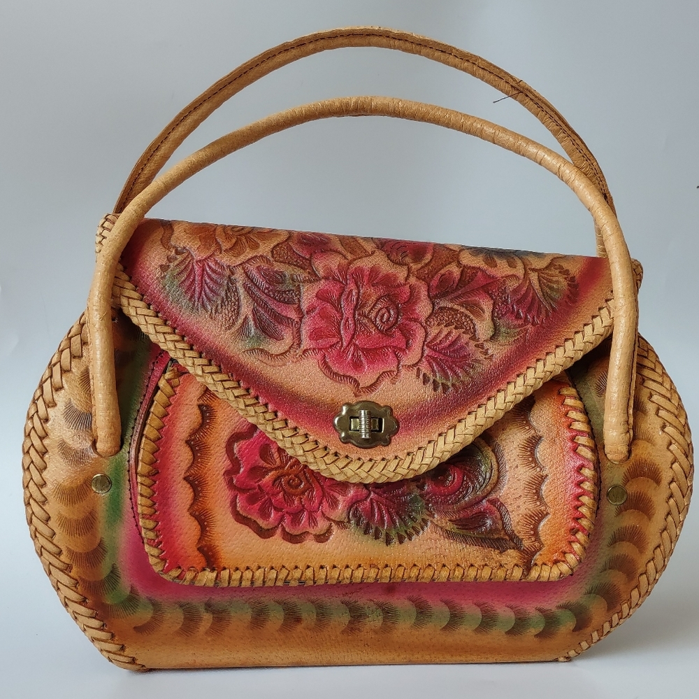 Vintage leather tooled hand made Mexican floral hand bag - Picture 2 of 10